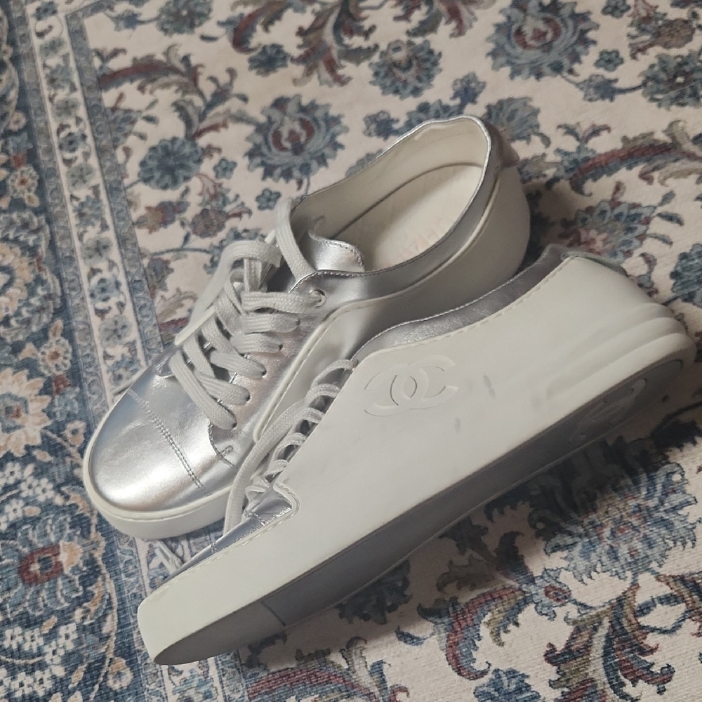 CHANEL Silver and White Sneakers